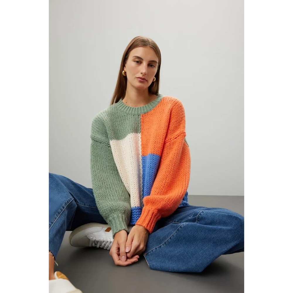 MinkPink‎ Frankie Jumper Size Medium Colorblock Chunky Knit Sweater Green Orange